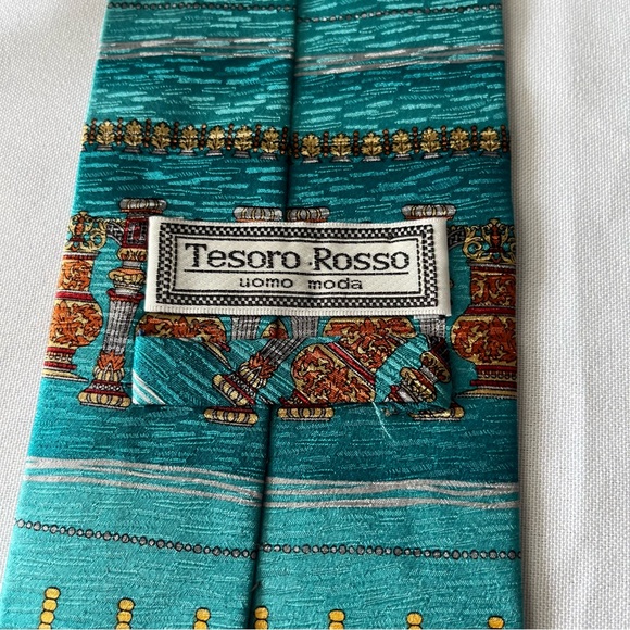 Tesoro Rosso Hand-Made 100% Silk Tie Blue Yellow Pedestals Jewelry String Print - Picture 7 of 8